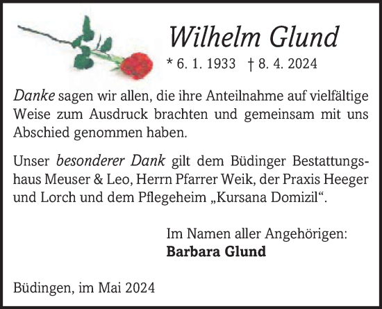 Traueranzeige von Wilhelm Glund von Kreis-Anzeiger