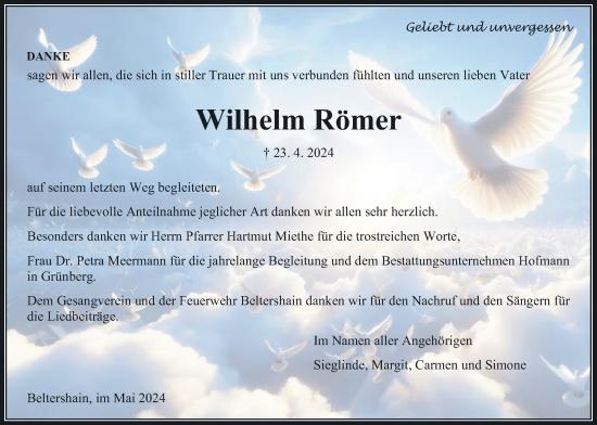 Traueranzeige von Wilhelm Römer von Giessener Anzeiger, Giessener Allgemeine, Alsfelder Allgemeine