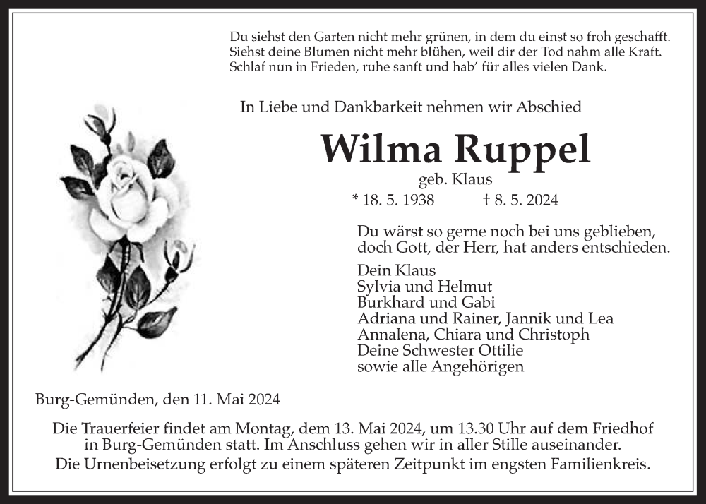  Traueranzeige für Wilma Ruppel vom 11.05.2024 aus Giessener Allgemeine, Alsfelder Allgemeine