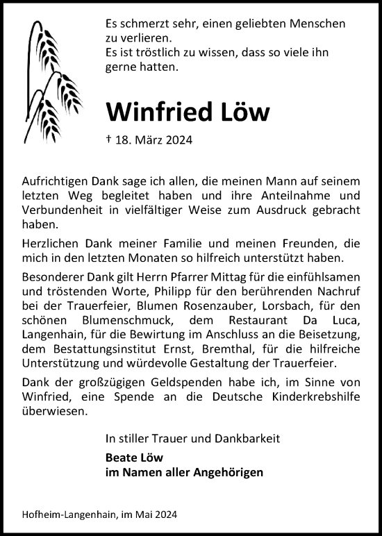 Traueranzeige von Winfried Löw 