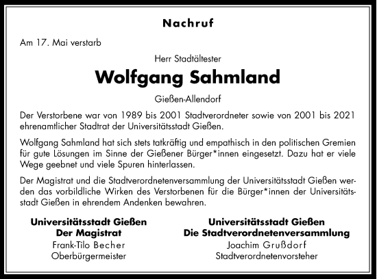 Traueranzeige von Wolfgang Sahmland von Giessener Anzeiger, Giessener Allgemeine, Alsfelder Allgemeine