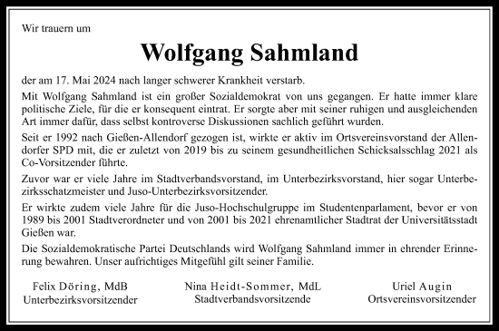 Traueranzeige von Wolfgang Sahmland von Giessener Allgemeine, Alsfelder Allgemeine