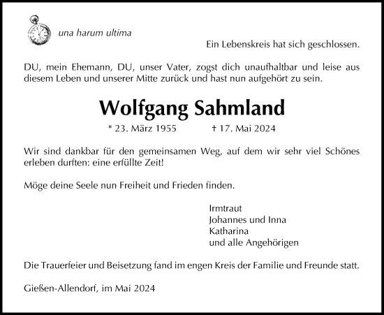 Traueranzeige von Wolfgang Sahmland von Giessener Anzeiger, Giessener Allgemeine, Alsfelder Allgemeine