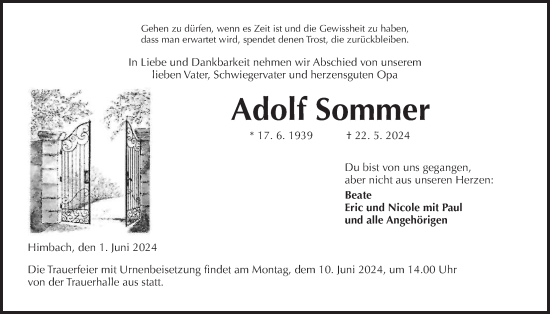 Traueranzeige von Adolf Sommer von Kreis-Anzeiger