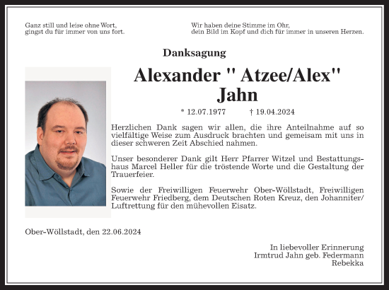 Traueranzeige von Alexander  Jahn von Wetterauer Zeitung
