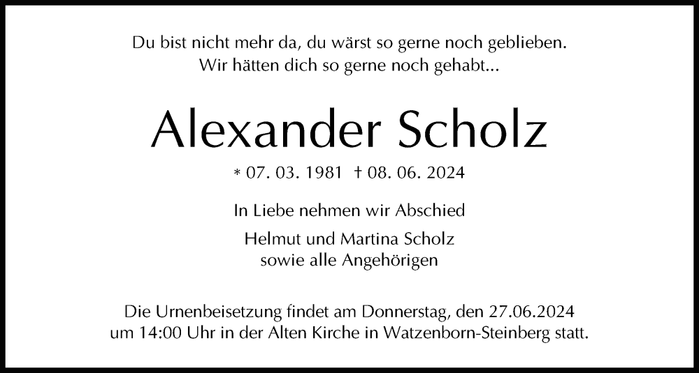  Traueranzeige für Alexander Scholz vom 20.06.2024 aus Pohlheimer Nachrichten