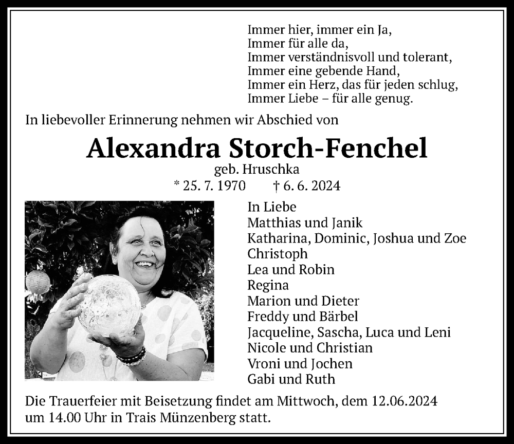  Traueranzeige für Alexandra Storch-Fenchel vom 08.06.2024 aus Butzbacher Zeitung, Wetterauer Zeitung