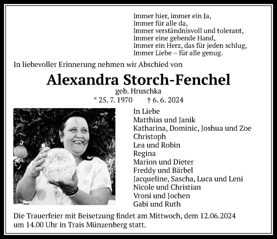 Traueranzeige von Alexandra Storch-Fenchel von Butzbacher Zeitung, Wetterauer Zeitung