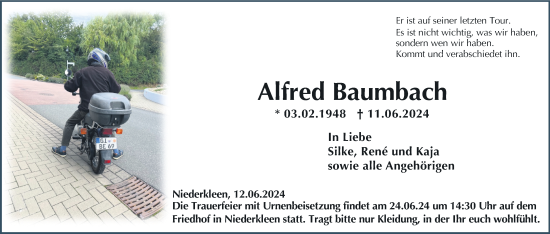 Traueranzeige von Alfred Baumbach von Butzbacher Zeitung