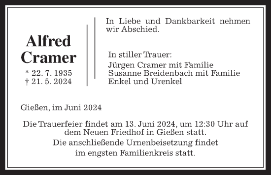 Traueranzeige von Alfred Cramer von Giessener Allgemeine, Alsfelder Allgemeine