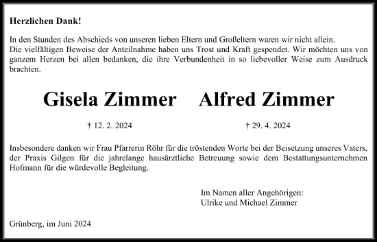Traueranzeige von Alfred Zimmer von Giessener Allgemeine, Alsfelder Allgemeine