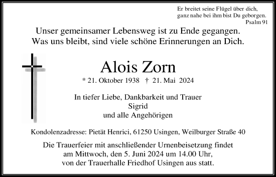 Traueranzeige von Alois Zorn von Usinger Anzeiger