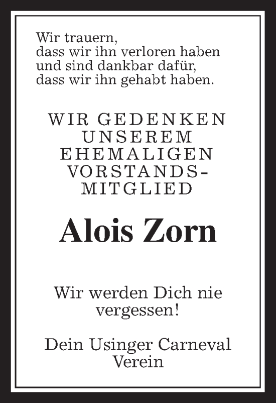Traueranzeige von Alois Zorn von Usinger Anzeiger