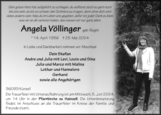 Traueranzeige von Angela Völlinger von Lauterbacher Anzeiger
