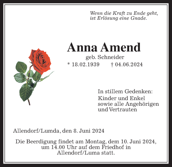 Traueranzeige von Anna Amend von Giessener Anzeiger, Giessener Allgemeine, Alsfelder Allgemeine