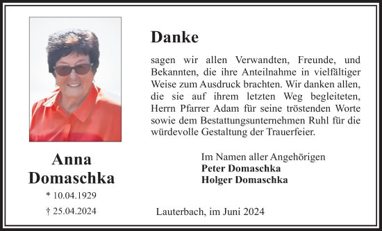 Traueranzeige von Anna Domaschka von Lauterbacher Anzeiger