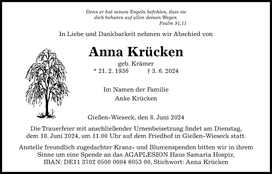 Traueranzeige von Anna Krücken von Giessener Anzeiger, Giessener Allgemeine, Alsfelder Allgemeine
