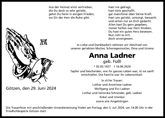 Traueranzeige von Anna Ladner von Kreis-Anzeiger