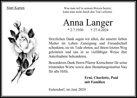 Traueranzeige von Anna Langer von Oberhessische Zeitung