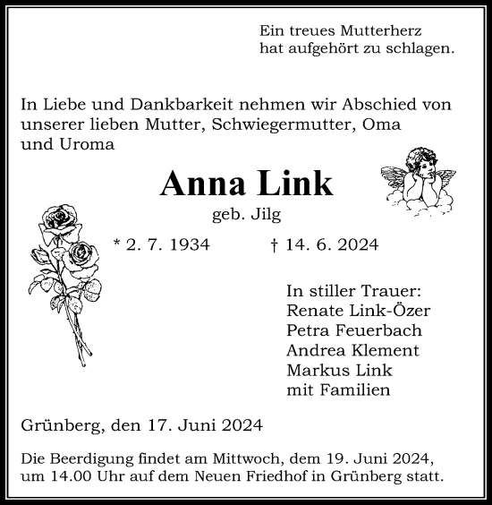 Traueranzeige von Anna Link von Giessener Allgemeine, Alsfelder Allgemeine