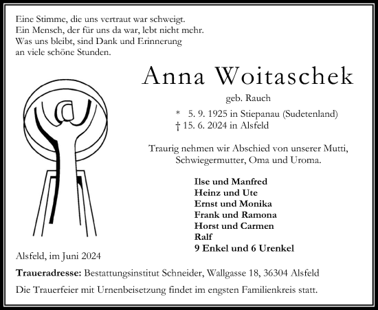 Traueranzeige von Anna Woitaschek von Oberhessische Zeitung