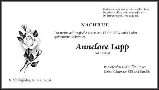 Traueranzeige von Annelore Lapp von Bad Vilbel/Karben