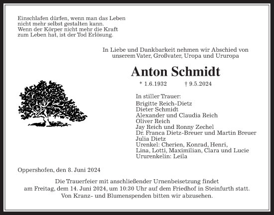Traueranzeige von Anton Schmidt von Wetterauer Zeitung