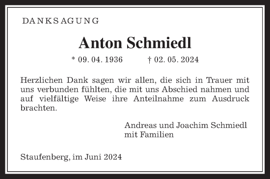 Traueranzeige von Anton Schmiedl von Giessener Allgemeine, Alsfelder Allgemeine