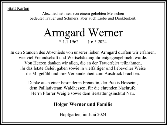 Traueranzeige von Armgard Werner von Oberhessische Zeitung