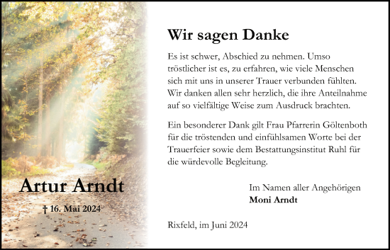 Traueranzeige von Artur Arndt von Lauterbacher Anzeiger