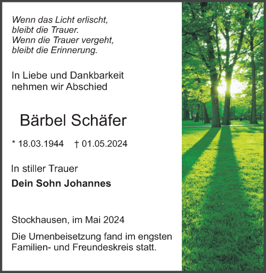 Traueranzeige von Bärbel Schäfer von Lauterbacher Anzeiger