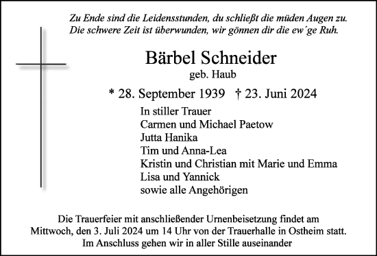 Traueranzeige von Bärbel Schneider von Butzbacher Zeitung