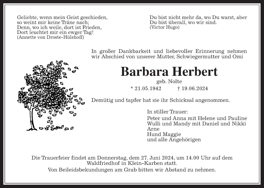  Traueranzeige für Barbara Herbert vom 22.06.2024 aus Wetterauer Zeitung