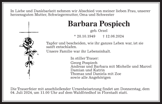 Traueranzeige von Barbara Pospiech von Wetterauer Zeitung