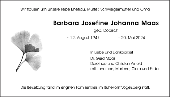 Traueranzeige von Barbara Josefine Johanna Maas von Giessener Anzeiger, Giessener Allgemeine, Alsfelder Allgemeine