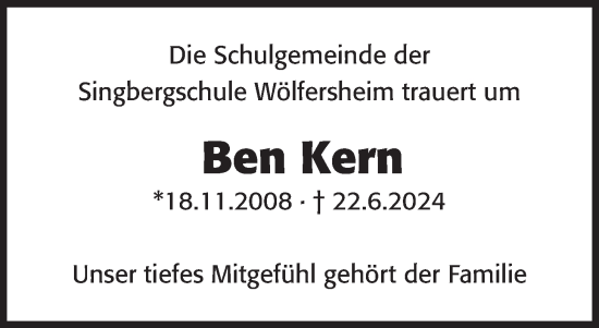 Traueranzeige von Ben Kern von Wetterauer Zeitung, Butzbacher Zeitung