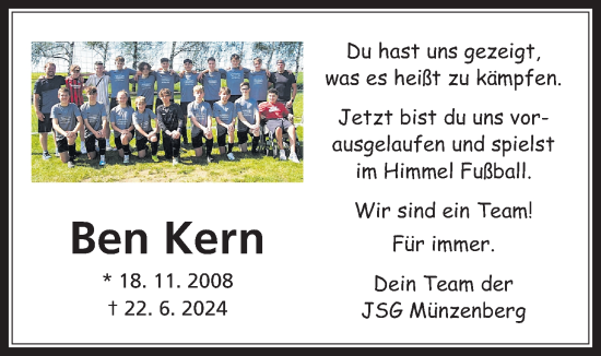 Traueranzeige von Ben Kern von Butzbacher Zeitung