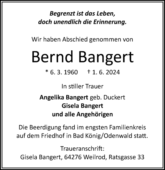 Traueranzeige von Bernd Bangert von Usinger Anzeigenblatt