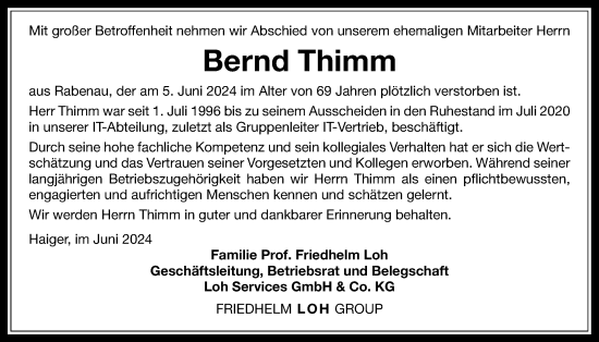 Traueranzeige von Bernd Thimm von Giessener Allgemeine, Alsfelder Allgemeine, Giessener Anzeiger