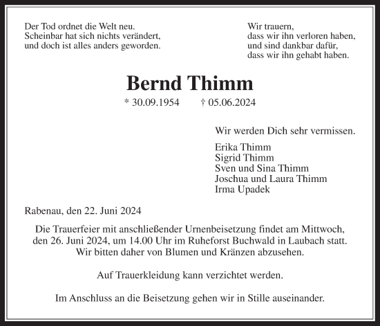 Traueranzeige von Bernd Thimm von Giessener Allgemeine, Alsfelder Allgemeine