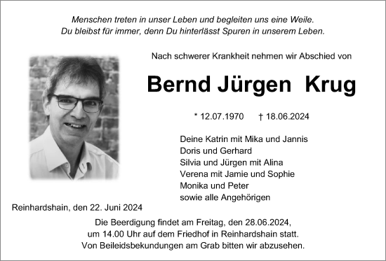 Traueranzeige von Bernd Jürgen Krug von Giessener Allgemeine, Alsfelder Allgemeine