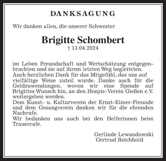 Traueranzeige von Brigitte Schombert von Mücker Stimme, Giessener Anzeiger, Giessener Allgemeine, Alsfelder Allgemeine
