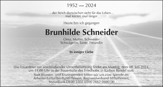 Traueranzeige von Brunhilde Schneider von Bad Vilbel/Karben