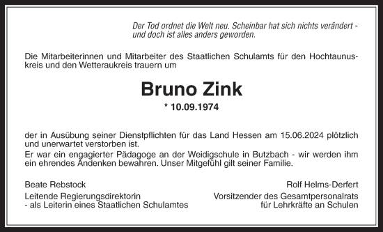 Traueranzeige von Bruno Zink von Wetterauer Zeitung