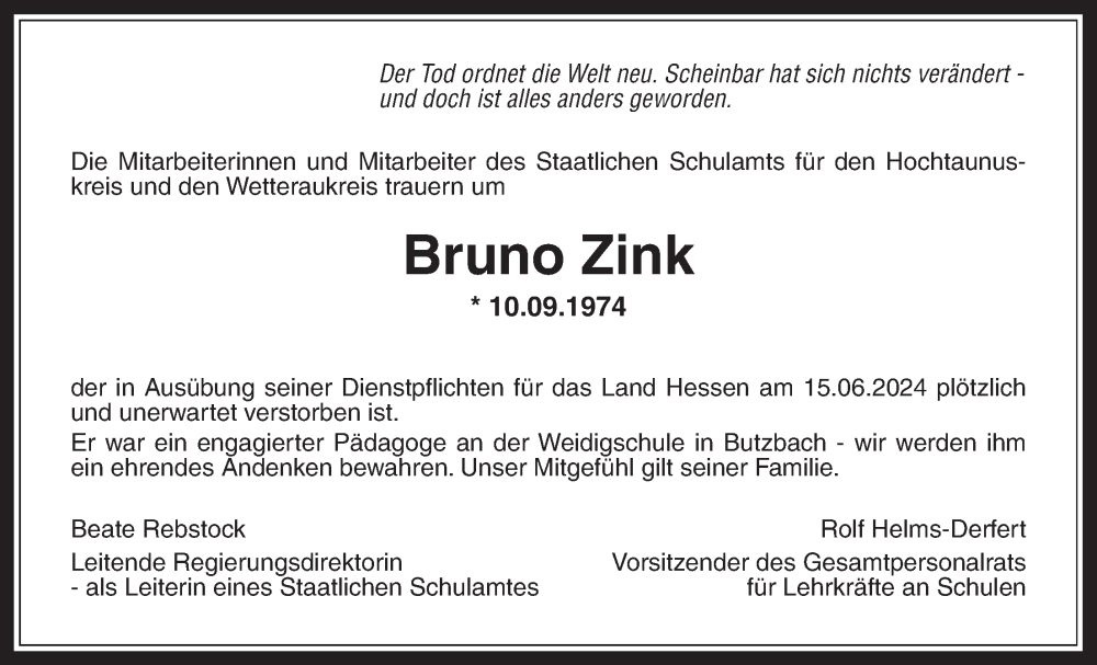  Traueranzeige für Bruno Zink vom 29.06.2024 aus Wetterauer Zeitung