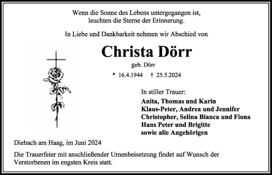Traueranzeige von Christa Dörr von Kreis-Anzeiger