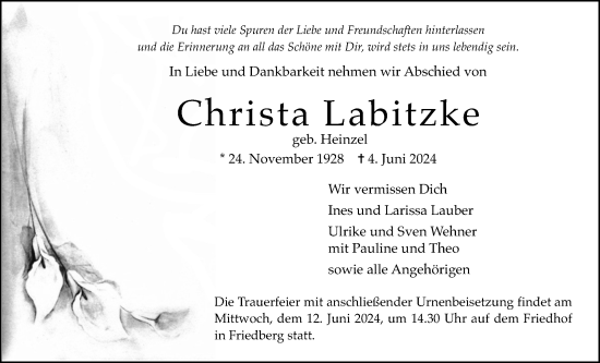 Traueranzeige von Christa Labitzke von Wetterauer Zeitung