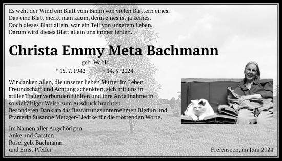 Traueranzeige von Christa Emmy Meta Bachmann von Laubacher Anzeiger