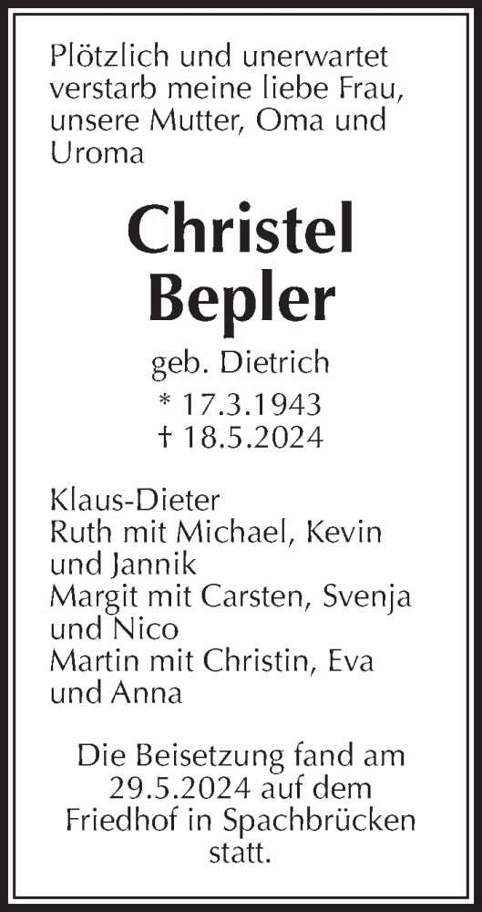 Traueranzeige von Christel Bepler von Lauterbacher Anzeiger
