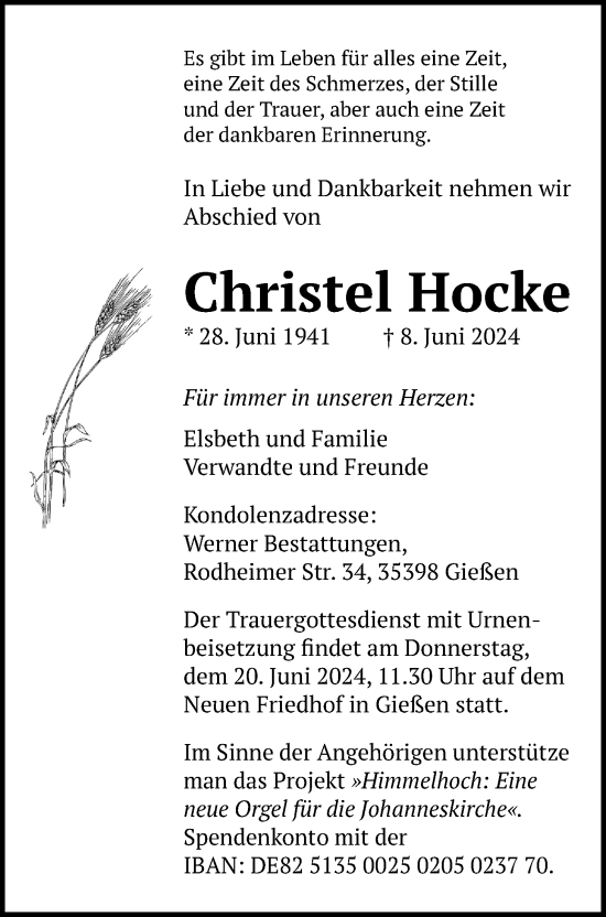 Traueranzeige von Christel Hocke von Giessener Anzeiger, Giessener Allgemeine, Alsfelder Allgemeine